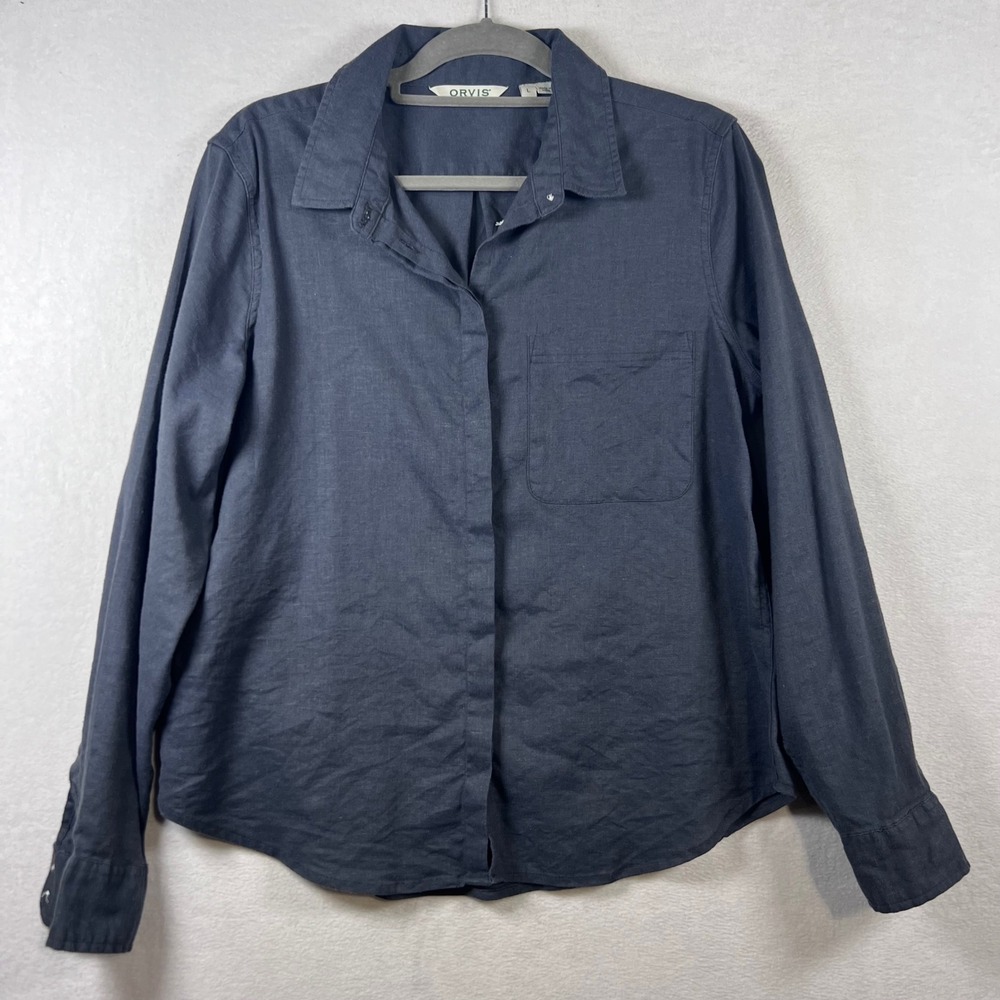 Orvis Womens Charcoal Linen Blend Long Sleeve Button Down Shirt Size L